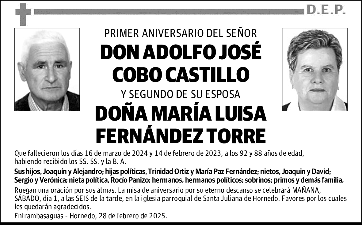 DON ADOLFO JOSÉ COBO CASTILLO Y DOÑA MARÍA LUISA FERNÁNDEZ TORRE