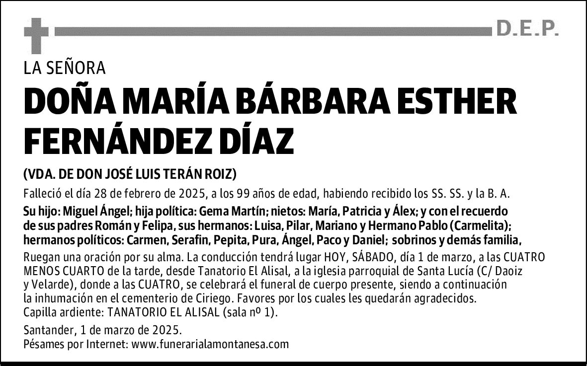DOÑA MARÍA BÁRBARA ESTHER FERNÁNDEZ DÍAZ