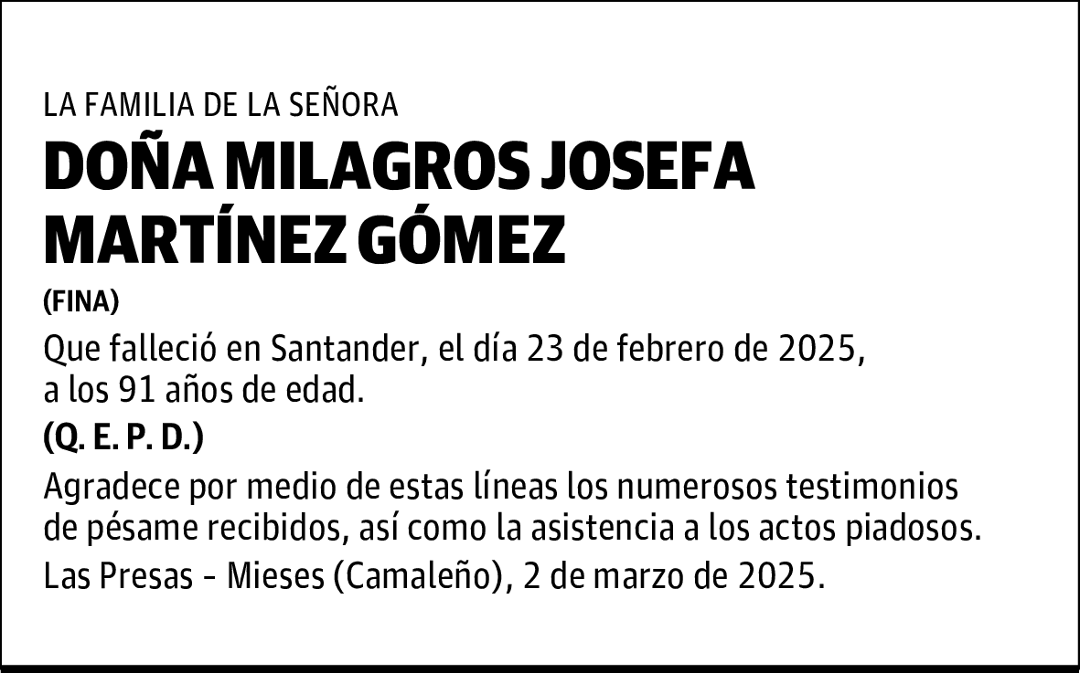 DOÑA MILAGROS JOSEFA MARTÍNEZ GÓMEZ