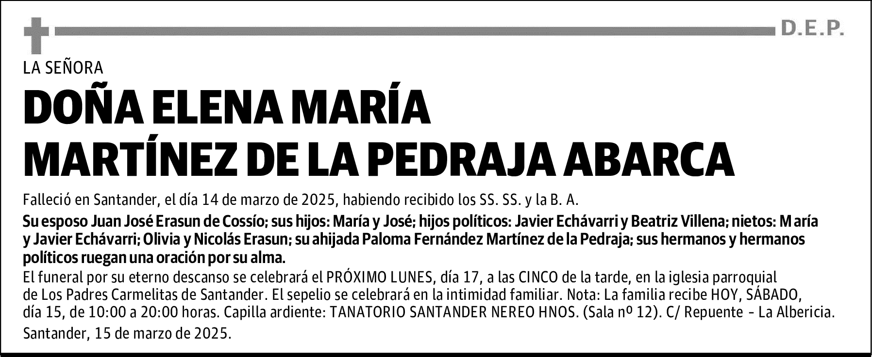 DOÑA ELENA MARÍA MARTÍNEZ DE LA PEDRAJA ABARCA